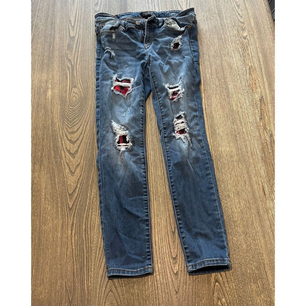Judy Blue Skinny Fit Jeans Distressed Buffalo Plaid Patches Blue Size 11/30